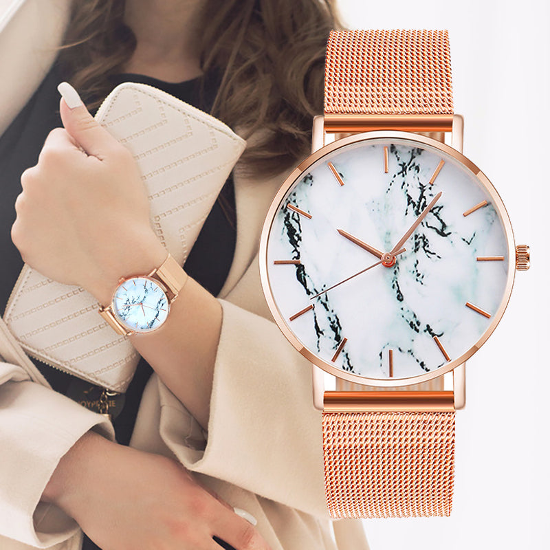 Fashion Rose Gold Mesh Band Creative Marble Female Wrist Watch Luxury